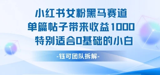小红书女粉黑马赛道单篇帖子带来收益1k+，特别适合0基础的小白