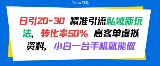 日引 20-30 精准引流私域新玩法，转化率50% 高客单虚拟资料，小白一台手机就能做