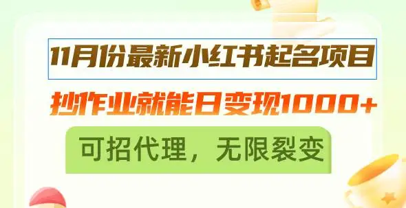 （13256期）11月份最新小红书起名项目，抄作业就能日变现1000+，可招代理，无限裂变