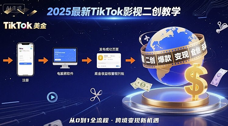 2025年最新TikTok影视二创教学，从注册到发布撸美金全流程，跨境变现新机遇
