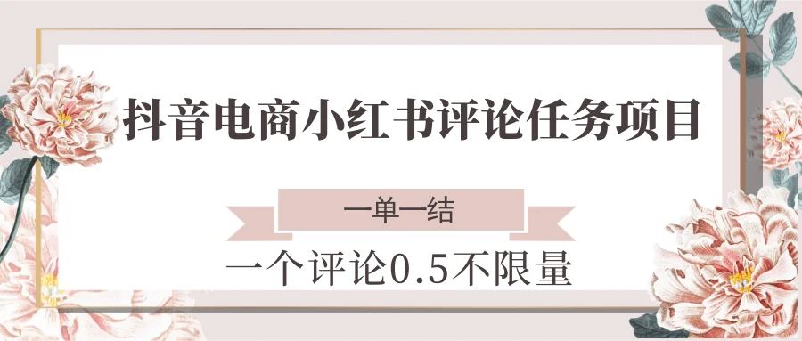 抖音电商小红书评论任务项目，一个评论0.5，一单一结 不限量