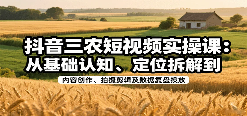 抖音三农短视频实操课：从基础认知、定位拆解到内容创作、拍摄剪辑及数据复盘投放
