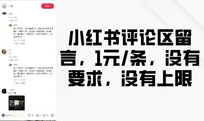小红书评论区留言,1元条,没有要求,没有上限