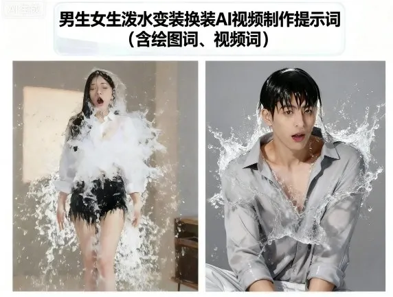 男生女生泼水变装换装AI视频制作提示词(含绘图词、视频词)